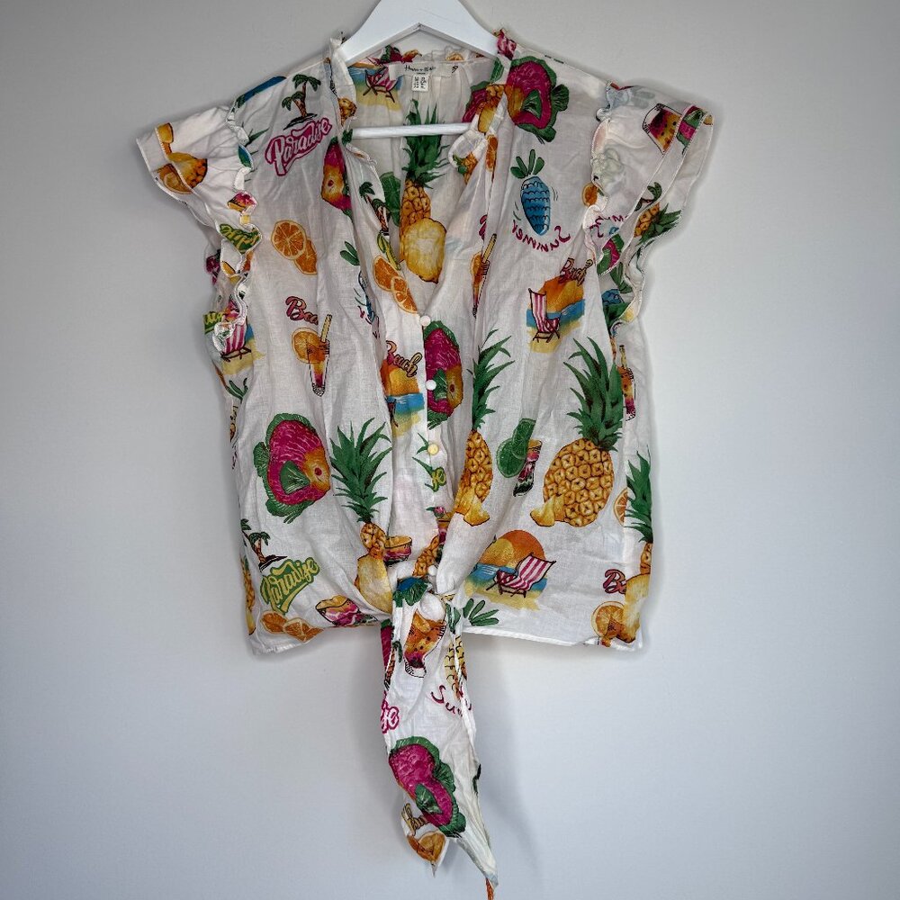Tropical Pineapple Button Blouse Ruffle Sleeve Ti… - image 1